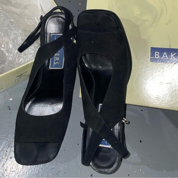 Vintage 90s Bakers Black Suede Platform Strappy High Block Heels Women's Size 11 - Picture 1 of 4